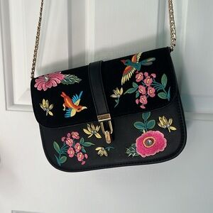 Black Crossbody Bag with Colorful Flowers and Birds